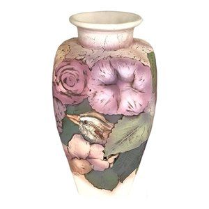 John Davis Pottery Ceramic Vase 12" Sculpted Inlaid Floral Bouquet With Birds